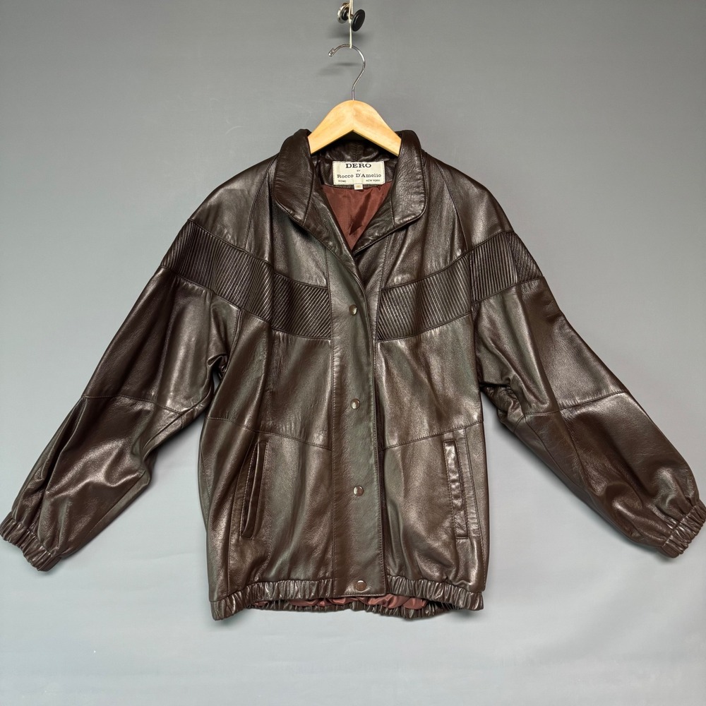 Dero by Rocco D'Amelio Vintage Brown Leather Pleated Bomber Jacket Womens Medium